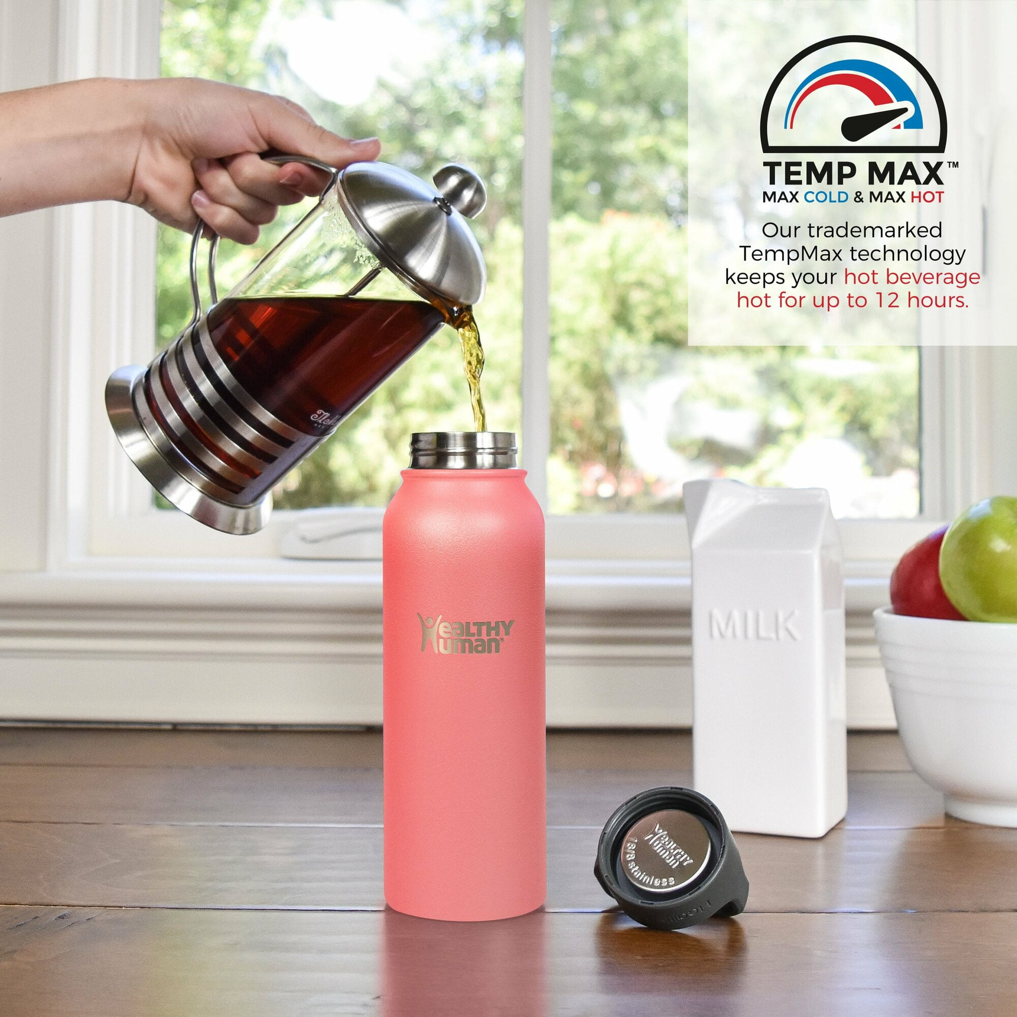 Healthy Human Stainless Steel Water Bottle | Double Walled Vacuum Insulated Water Thermos for Adults | Eco-Friendly Travel Bottles with Leak Proof Lid (Rose, 21 oz/ 621 ML)