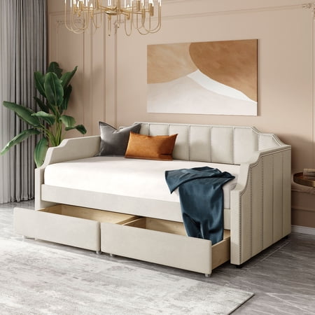 CHURANTY Upholstered Daybed with Two Storage Drawers  Twin Size Velvet Storage Sofa Bed Daybed with Backrest and Wood Slat Support/Two Armrests with Rivets