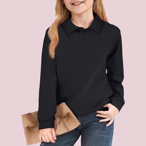 YOUYEDIAN Polo Shirts for Girls Preppy Long Sleeve School Uniform T Shirts Casual Lapel Top (Black, 2-3 Years)