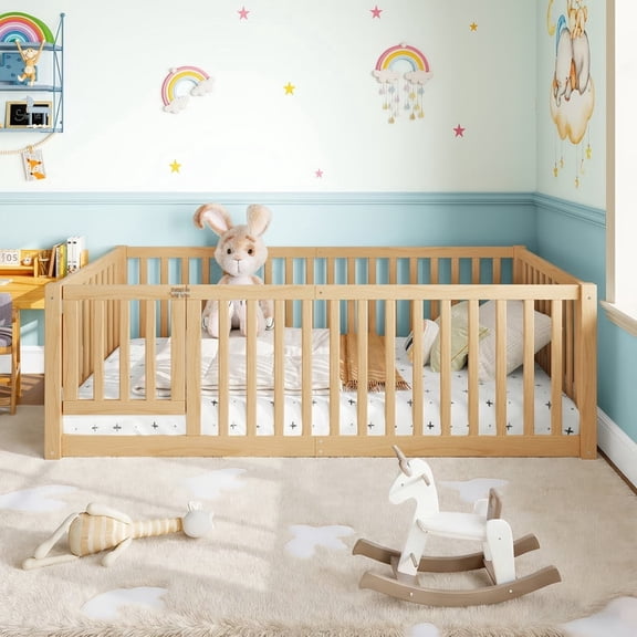 Bellemave Twin Size Floor Bed with Door and Fence, Montessori Floor Bed Twin, Wood Floor Bed with High Guardrails, Natural