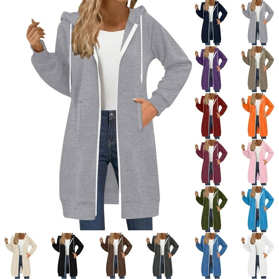 Women Jacket with Pockets Solid Color Long Sleeve Long Windbreaker Women's Casual Loose Double Zipper Sweatshirt Top Casual Outerwear Gray M