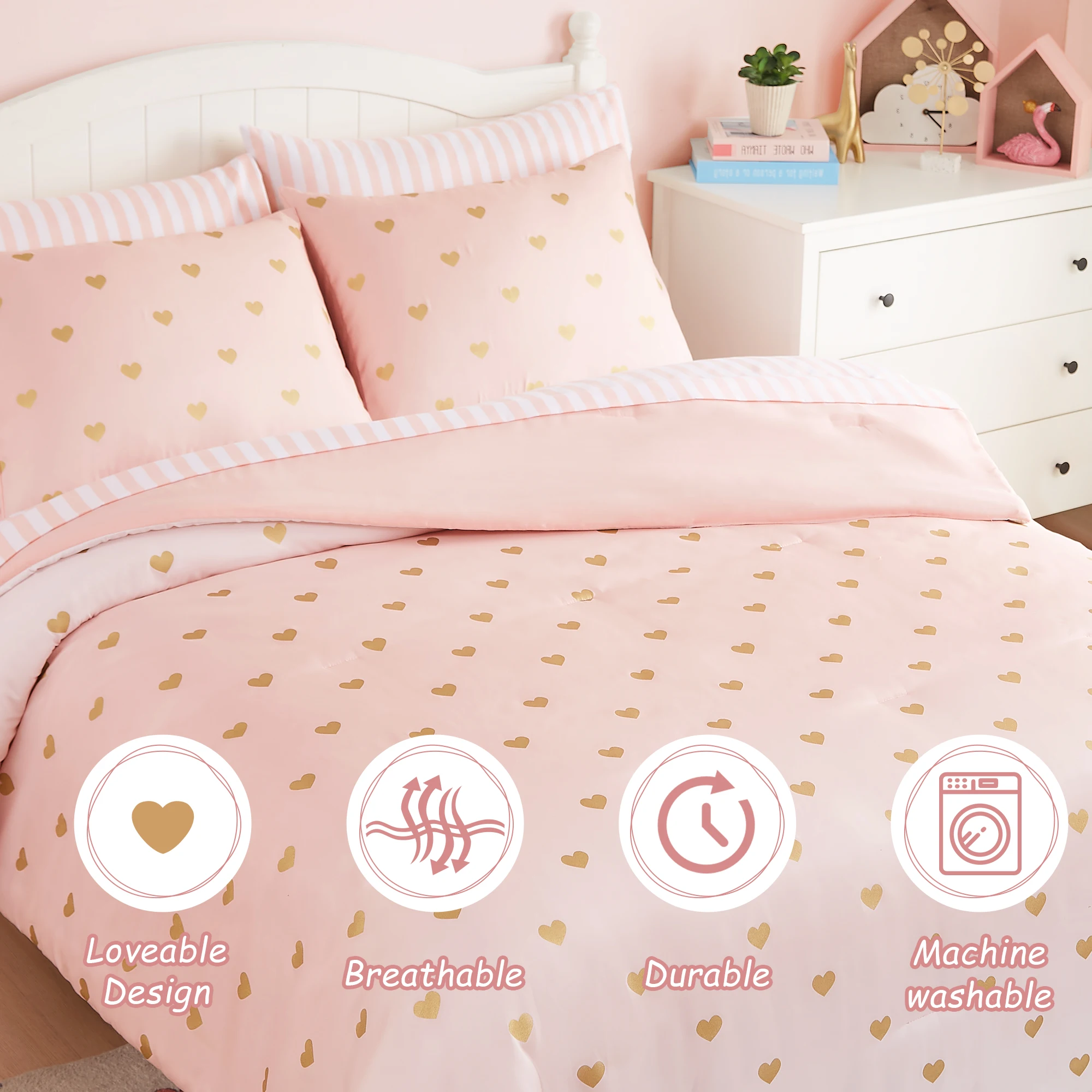 Amberspace gold foil Design 7-piece Bed in a Bag Comforter Set with Sheets,Pink Gold Heart,Queen