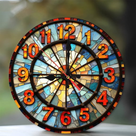 Vintage Stained Glass Wall Clock Decorative Art 10-Inch Silent Wooden Wall Clock, Battery Operated (AA Batteries Not Included), Artistic Home Decor