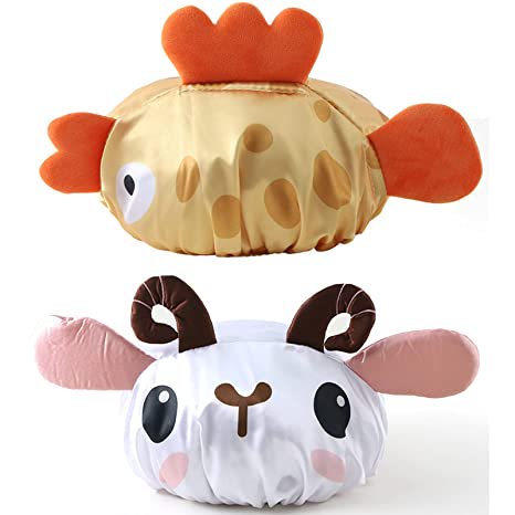 Gorros de ducha reutilizables para baño diseñados para bebés, niños, cabello largo/grueso, lindo, impermeable, animal de dibujos animados, gorro de baño de doble capa para niños, niñas, mujeres (pez