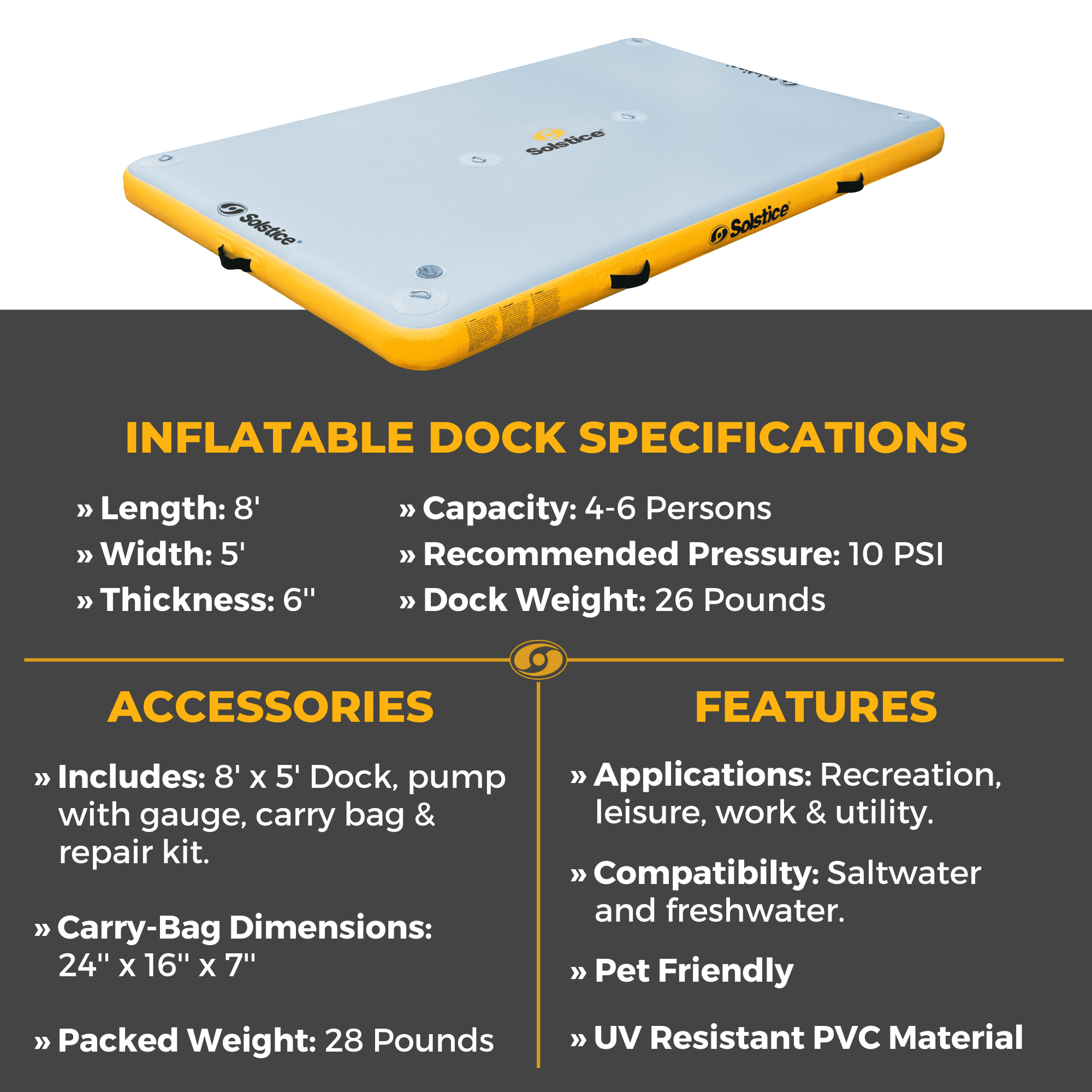 Solstice 8’ X 5’ Inflatable Dock | Floating Platform For Beach, Lake & Pool | For Recreation, Lounge Chairs, and Boat Maintenance