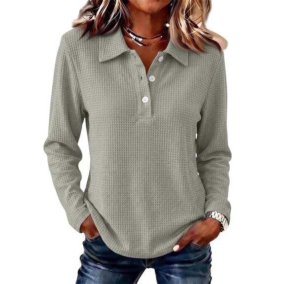 Hsovts Women's Cotton Collared Long Sleeve Polo Shirt Preppy Solid Shirts Tops Assorted Colors Easy‑Match Jeans Pants Outfits Gray XL