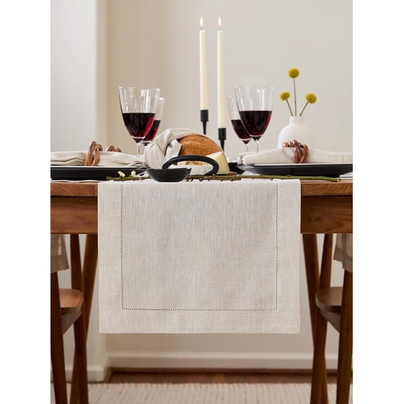 Light Natural Linen Table Runner, 14 x 72 Inch Hemstitch Dining Table Decor for Dresser, Spring, Summer, Wedding and Holiday Table Styling