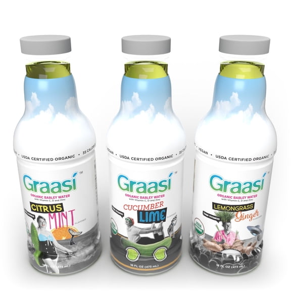 Graasi Organic Barley Grass Water | Hydration Drink with Vitamin C, D, Zinc | USDA Organic, Non-GMO, Vegan | Low-Calorie Wellness Beverage | Sample | 3 Pack (16 Fl Oz Bottles)