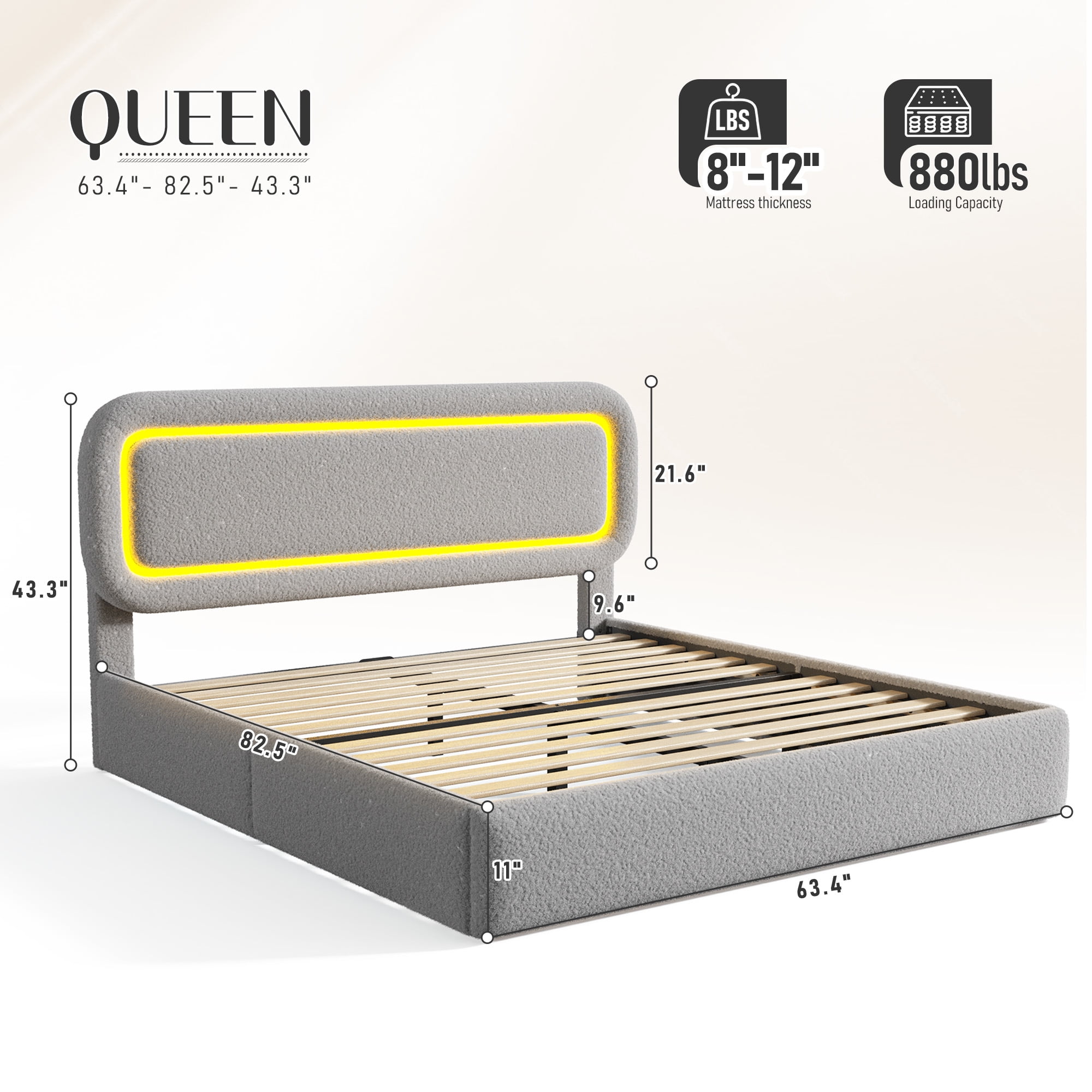 EnHomee Boucle Bed Frame with Rounded Corner Cloud Bed Frame with Headboard Upholstered Bed Frame Queen Size ,Gray