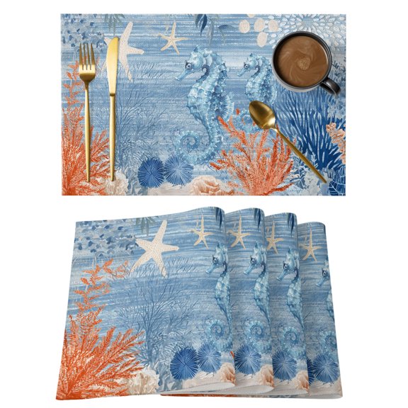 Blue Red Seahorse Coastal Placemats Set of 4 Retro Beach Coral Nautical Place Mats Indoor Wipeable Table Mats Washable Cloth Dining Table Placemats for Kitchen Holiday Party Home Decor 13x19 Inch