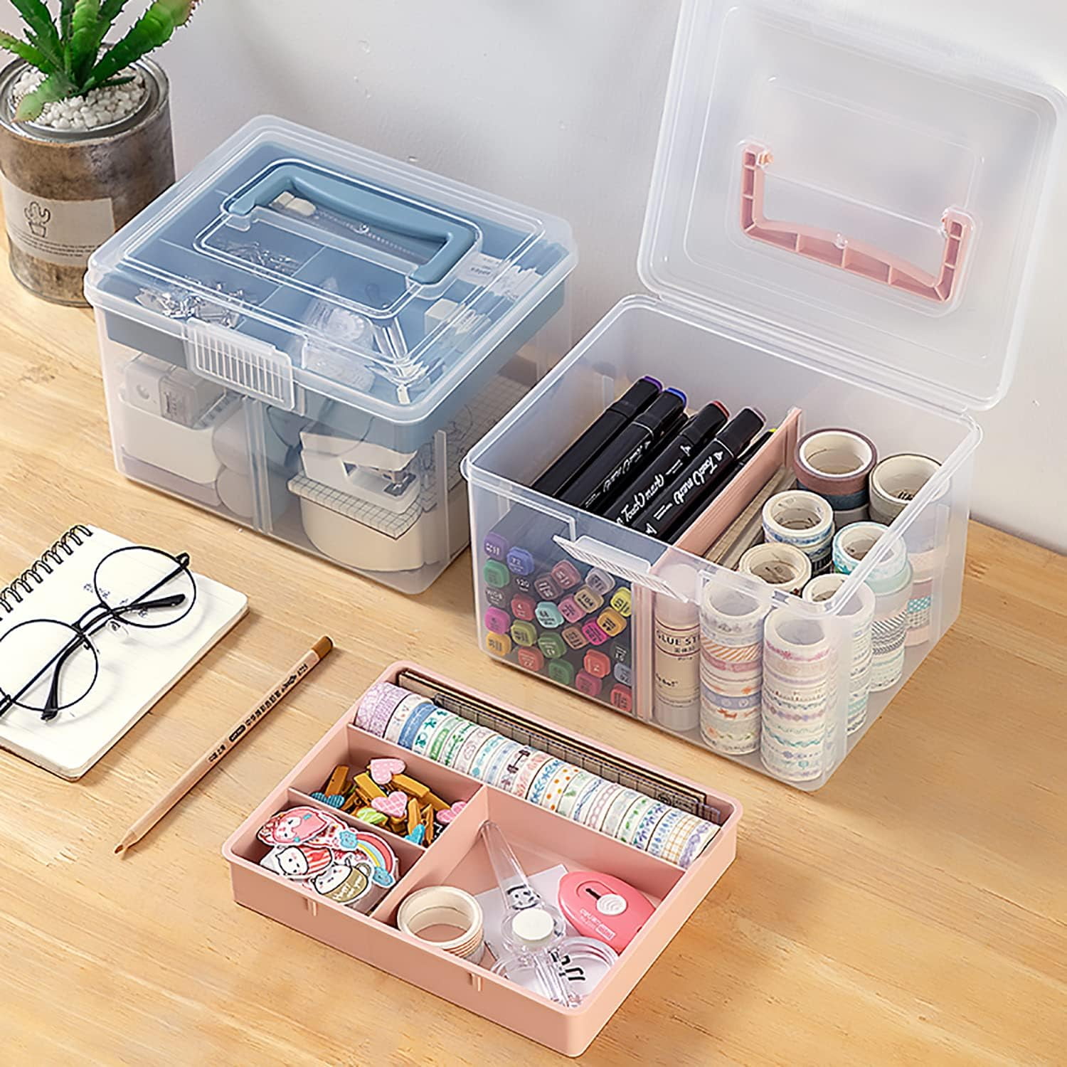 ABPETE Small Portable Plastic Storage Box for Beauty Ornaments Hair Nail Accessories, Cosmetic Case with Handle & Removable Tray & a Divider, Sewing Box Organizer, Kids Art Box (Clear & Pink)