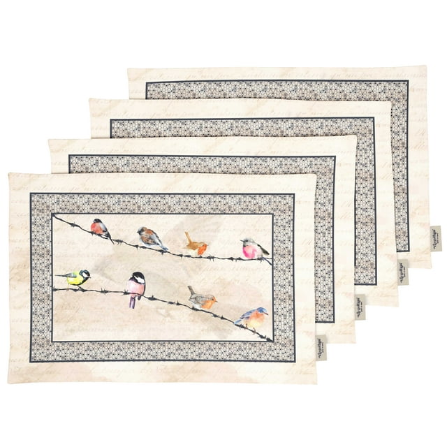 Vargottam Napperons - Napperon pour Table à Manger, Ensemble de 4 - Serviette en Coton Imprimée et Réversible - Napperons d'Intérieur pour Table de Maison et de Cuisine - Oiseau (Beige)
