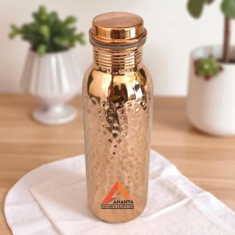 Ananya Fashion and Crafts Hub 100% Pure Copper Water Bottle 700 ml Leak-Proof Hammered For Ayurveda Health Benefits