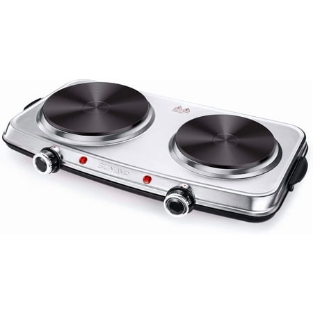 SUNAVO Hot Plates for Cooking, 1800W Electric Double Burner with Handles, 6 Power Levels Stainless Steel Hot Plate for Kitchen Camping RV Cast Iron