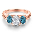 thumbnail image 3 of Gem Stone King 18K Rose Gold Plated Silver White Topaz and London Blue Topaz Filigree Style 3 Stone Ring for Women (2.70 Cttw, Oval 8X6MM and 6X4MM) (Size 8), 3 of 6