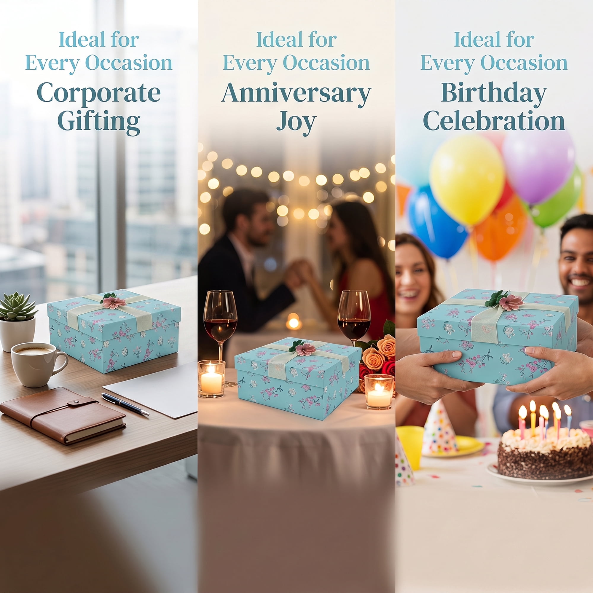 Unique Bargains Elegant Rigid Present Gift Box with Printed Ribbon Blue 7.5"x7.5"x3.1"