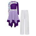 thumbnail image 3 of Choomomo Kids Girls Worship Praise Dance Outfit Camouflage Printed Irregular Liturgical Dress with Wide Leg Pants Purple White 16, 3 of 5