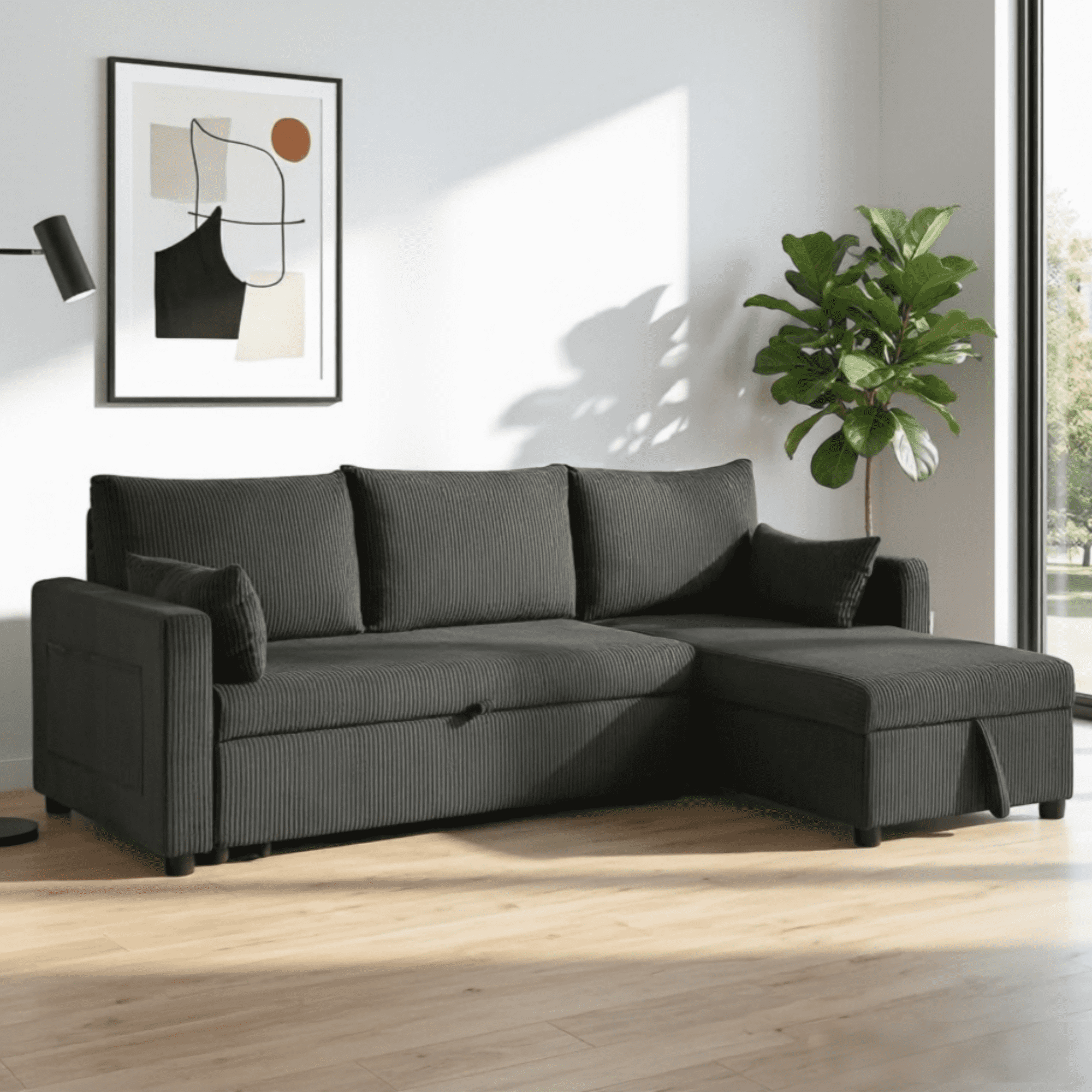 BSHTI L-Shaped Pull Out Sleeper Sofa Bed with Storage Chaise – 3-Seater Convertible Corduroy Sectional Couch for Small Living Room, Apartment, or Office, Black