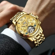 OLEVS Watch for Men Automatic Skeleton Tourbillon Mechanical Self Winding Business Luxury Dual Calendar Stainless Steel Luminous Waterproof Man Wrist Watches