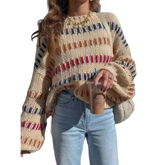 Women'S Striped Color Block Long Sleeve Oversized Sweater Top Fall Casual Chunky Knit Sweater Khaki S