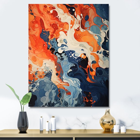 Designart "Liquid Ink Waves Blue and Orange Fusion II" Abstract Canvas Wall Art - Modern Blue Abstract Painting Hallway Wall Art Decor