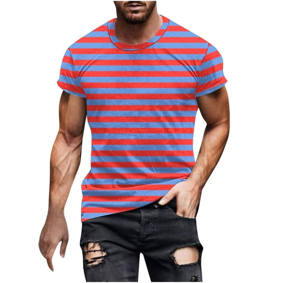 ZCFZJW Mens Striped T-Shirts Big and Tall Regular Fit Casual Summer Short Sleeve Crewneck Graphic Tees Shirt Loose Lightweight Comfy Pullover Tops Red XXL