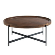 Alaterre Furniture Brookline Industrial Round Metal Coffee Table, Medium Chestnut/Black
