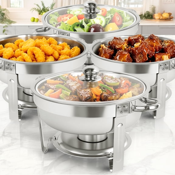 XYJBHB Round Chafing Dish Buffet Set with Glass Lid, 6QT Visable Buffet Server Food Warmer, Polished Stainless Steel Catering Supplies for Party Banquet Catering, Silver, 4 Pack