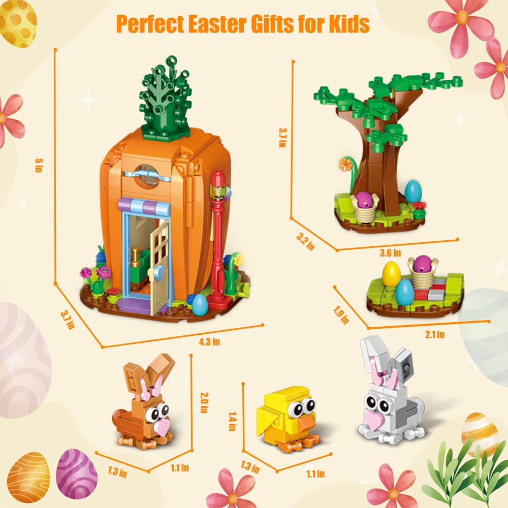 Easter Bunny Carrot House Building Set, 2 Rabbits, Chick, Colorful Easter Egg and Basket Toy, Brickheadz Pets Building Blocks Kit Gift for Boys Girls Toddlers