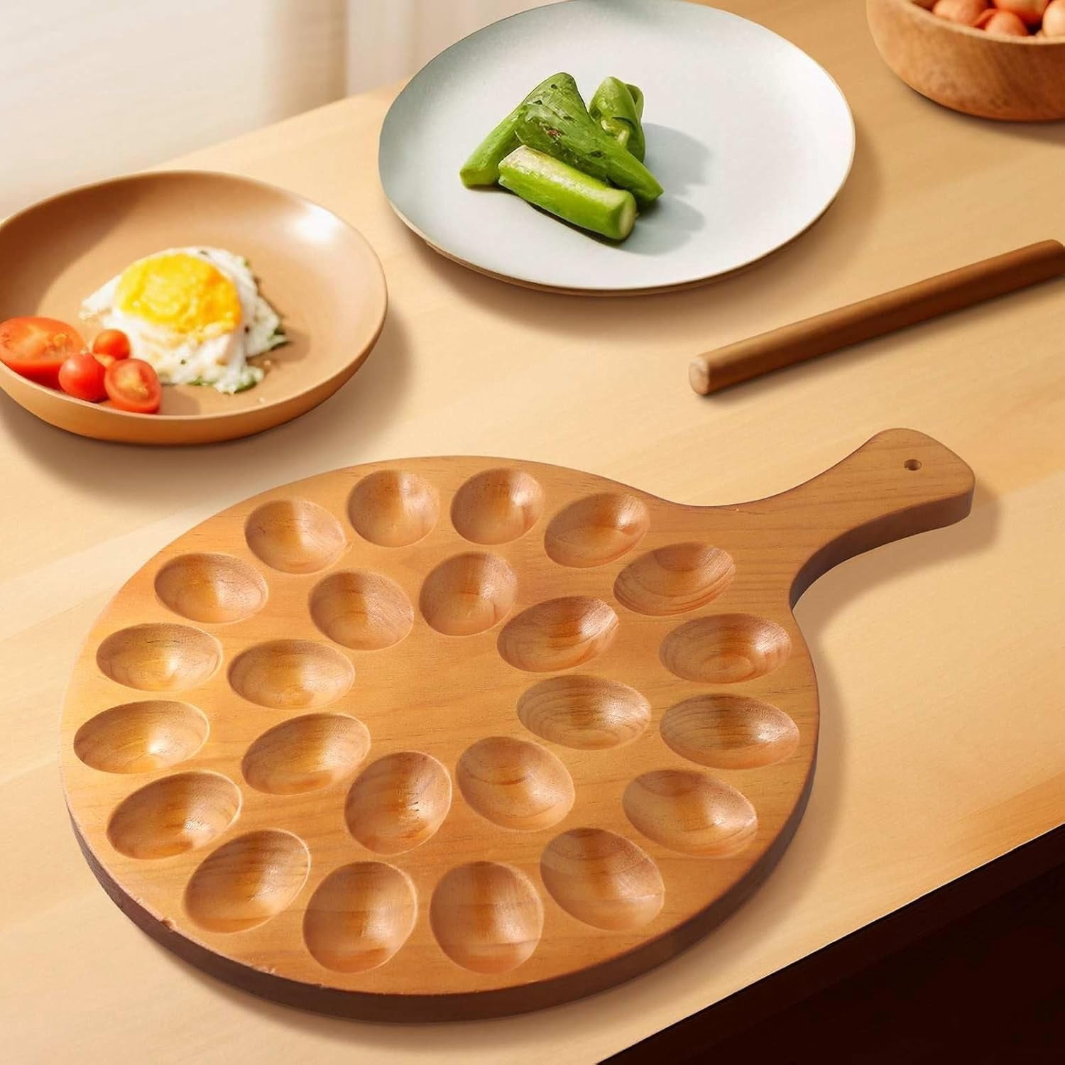 ABCISI Wooden Deviled Egg Platter With Handle, 24-Holes Round Storage Tray for Eggs, Versatile Serving Plate For Kitchen And Parties Gatherings, Round Divided Egg Holder