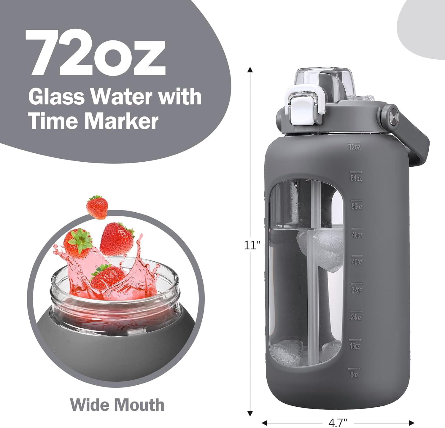 72oz Glass Water Bolttles, 3-in-1 Straw and Sip Spout Handle Lid, Half Gallon Water Bottle with Time Marker and Silicone Sleeve, BPA-Free Sports Water Bottle for Gym, School, Bright Pink