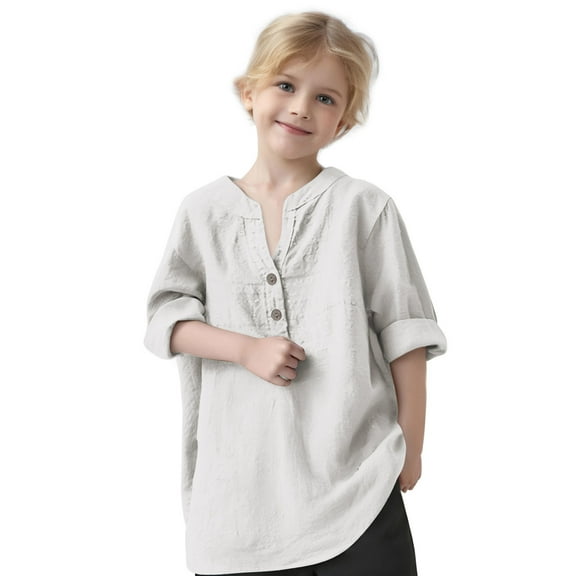 Kaemgyyd 3-12 Years Toddler Girls Summer Clothes Casual Button Cotton Linen T Shirt Kids Children Rolled Long Sleeve Spring Blouse Tops
