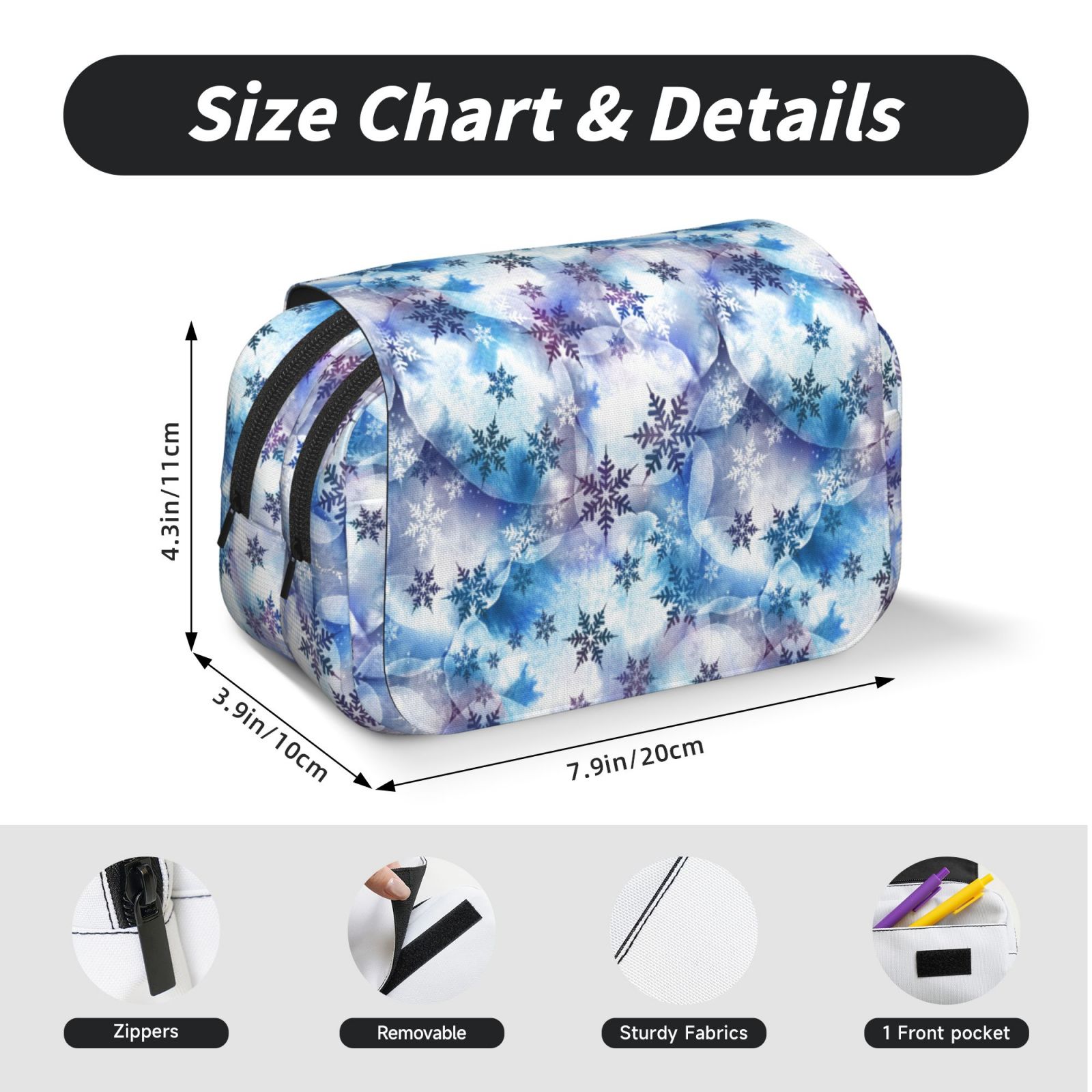 Rateoe Icy Blue Snowflakes Pattern Double Clamshell Pen Case, Storage Organizer with Two Zipper Compartments– Holds Up to 50 Pencils & Pens