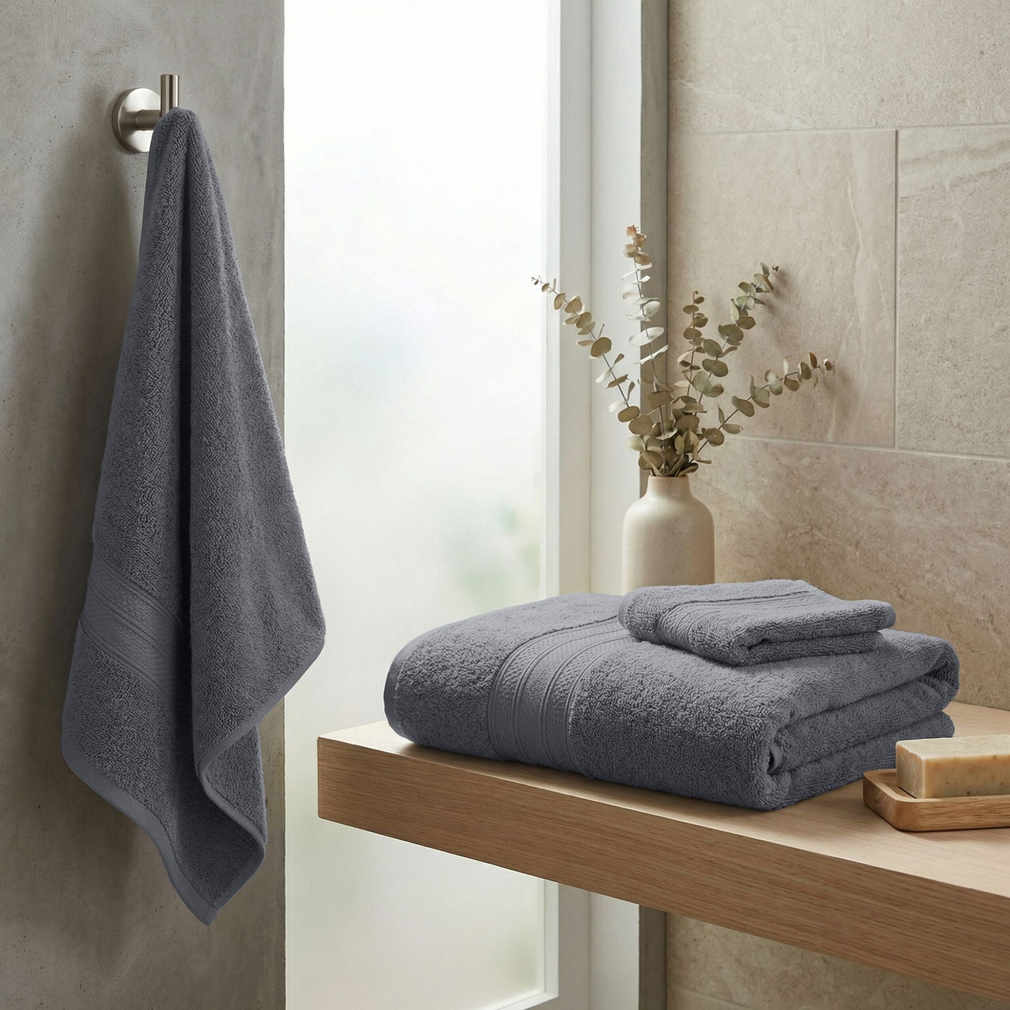 Superior Atlas Heavyweight Plush 3 Piece Cotton Towel Set, Grey