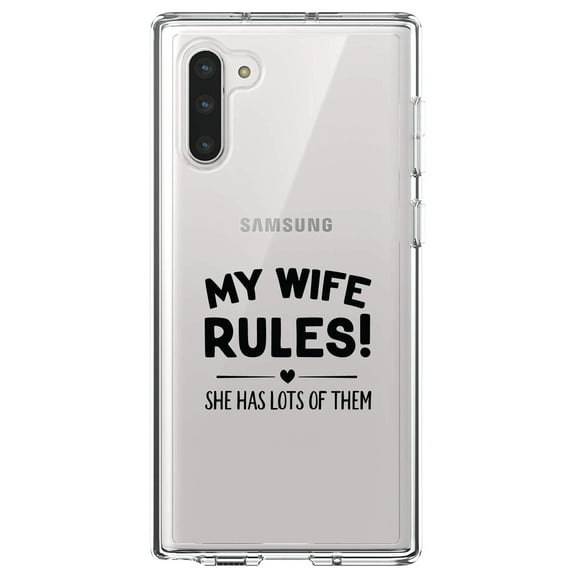 DistinctInk Clear Shockproof Hybrid Case for Samsung Galaxy Note 10 (6.3" Screen) - TPU Bumper Acrylic Back Tempered Glass Screen Protector - My Wife Rules! She Has Lots of Them