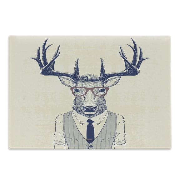 Hipster Cutting Board, Business Man Humanized Manly Deer Contemporary Art, Decorative Tempered Glass Cutting and Serving Board, in 3 Sizes, by Ambesonne
