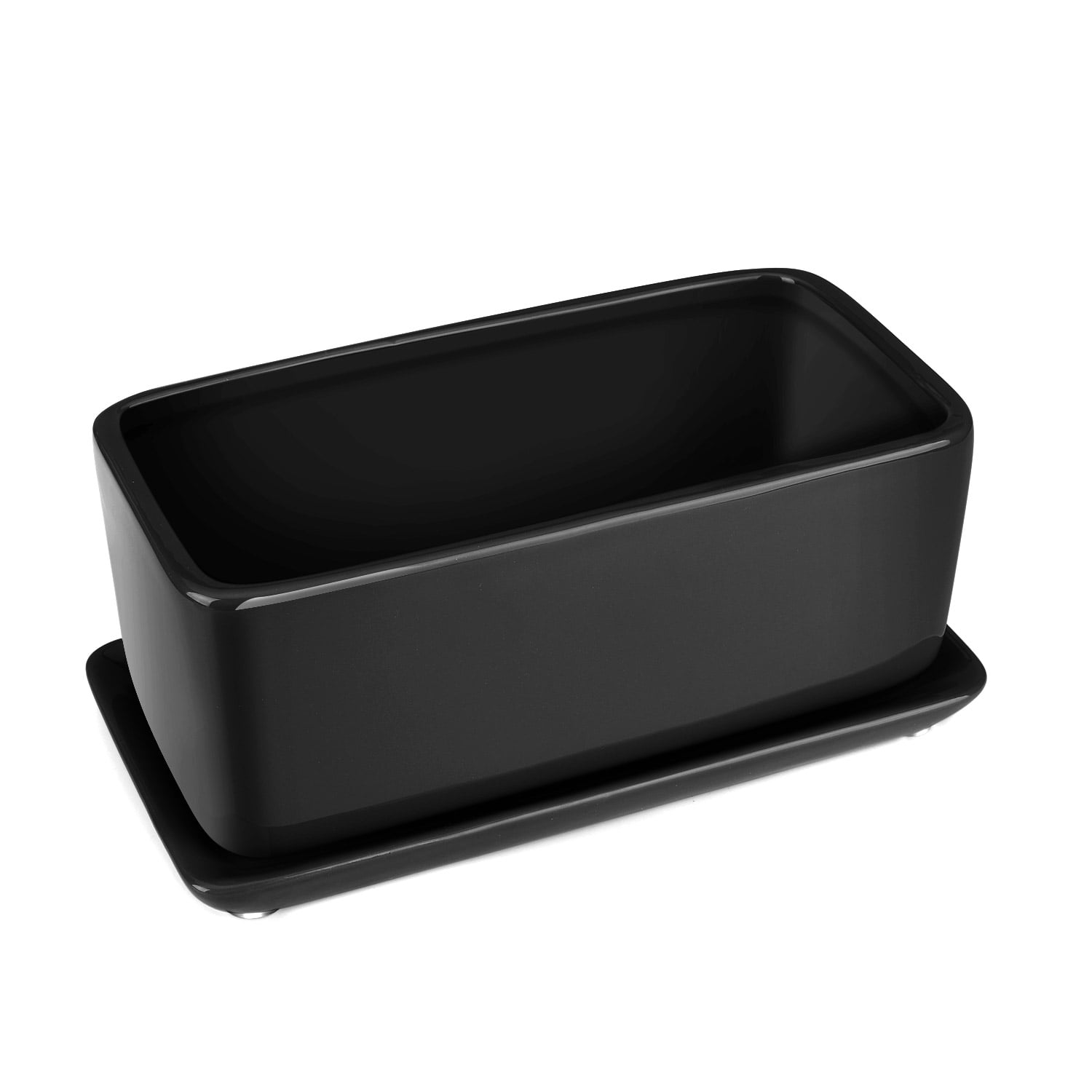 10 Inch Rectangular Ceramic Succulent Planter Pot - Cactus Herb Flower Container Window Box Holder with Removable Drip Tray Base for Tabletop Desktop Indoor Outdoor Home Office Garden (Black)
