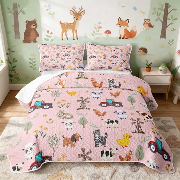 Erosebridal Farm Animals Twin Quilt Set for Girls, Tractor Twin Coverlet Set, 2-Piece 1 Bedspread and 1 Pillowcase