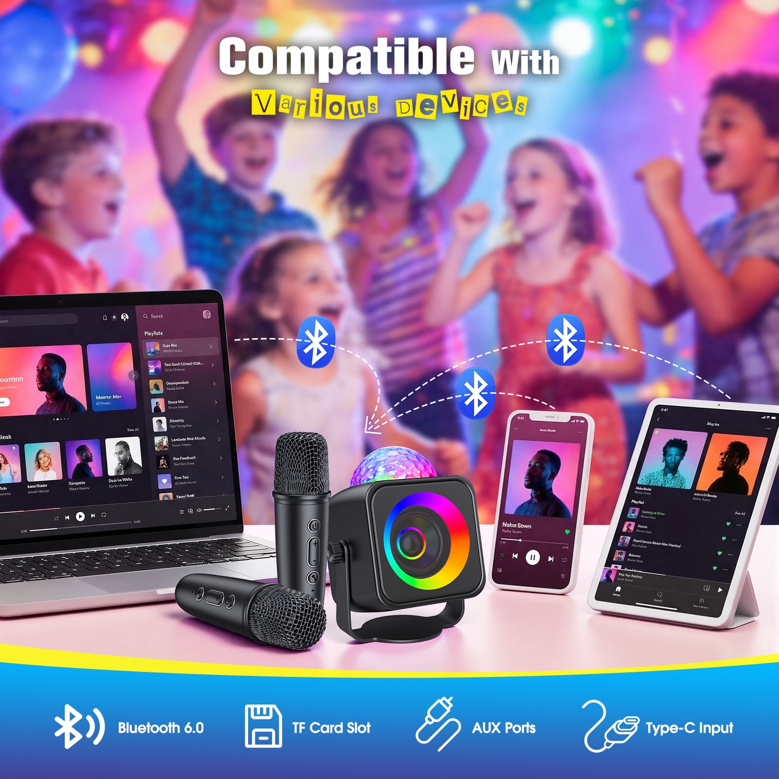 Karaoke Machine for Kids Adults, Portable Bluetooth Karaoke Speaker with 2 Wireless Microphones and Disco Party Lights, Mini Singing Toy Gift for Girls Boys Ages 4-12