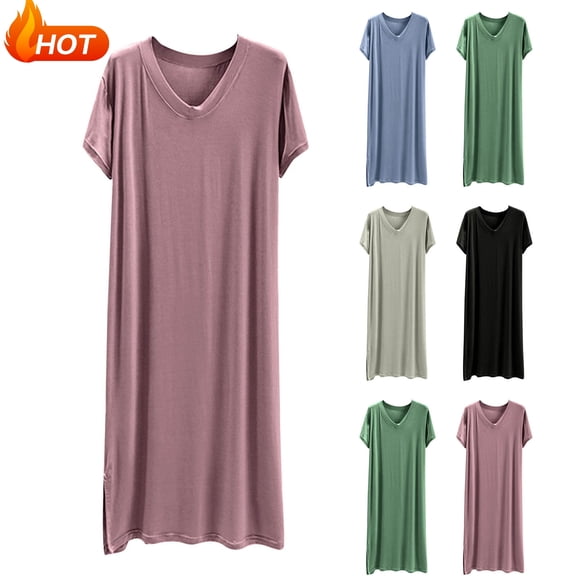 Taqqpue Women's Nightgown Short Sleeve Sleepshirt Long Loungewear Casual V Neck Maxi Lounge Dress House Dresses for Women