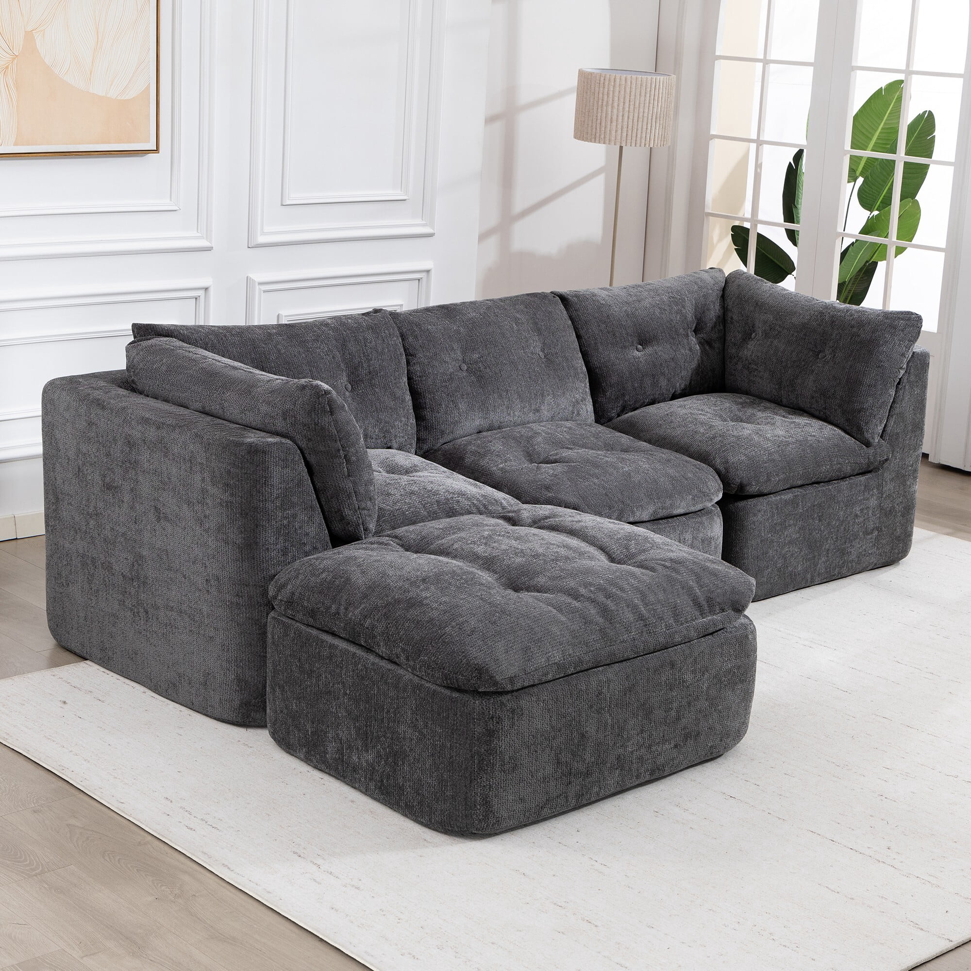 DEALTOPS 111" Modular Sectional Sofa with Ottoman, 4-Seat Convertible Chenille Cloud Couch, Dark Gray