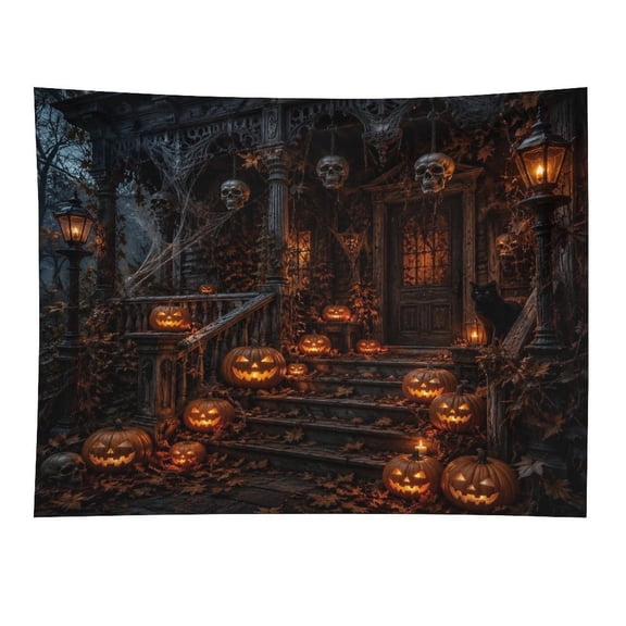 YILUYINQING Haunted House Porch Pumpkin Skull Black Cat Halloween Wall Art Tapestry, Polyester Print Wall Hanging Tapesties for Bedroom Dorm Living Room, Aesthetic Home Decor for Adults And Family
