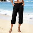 thumbnail image 2 of GEWSEY Linen Capri Dress Pants for Women Casual Elastic Waist Cropped Wide Leg Pants with Pockets Summer Baggy Work Trousers Black for Size L, 2 of 5