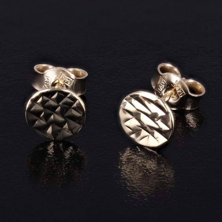 Italian 14k Yellow Gold Textured Thumbtack Medallion Stud Earrings 6mm 0.7gram
