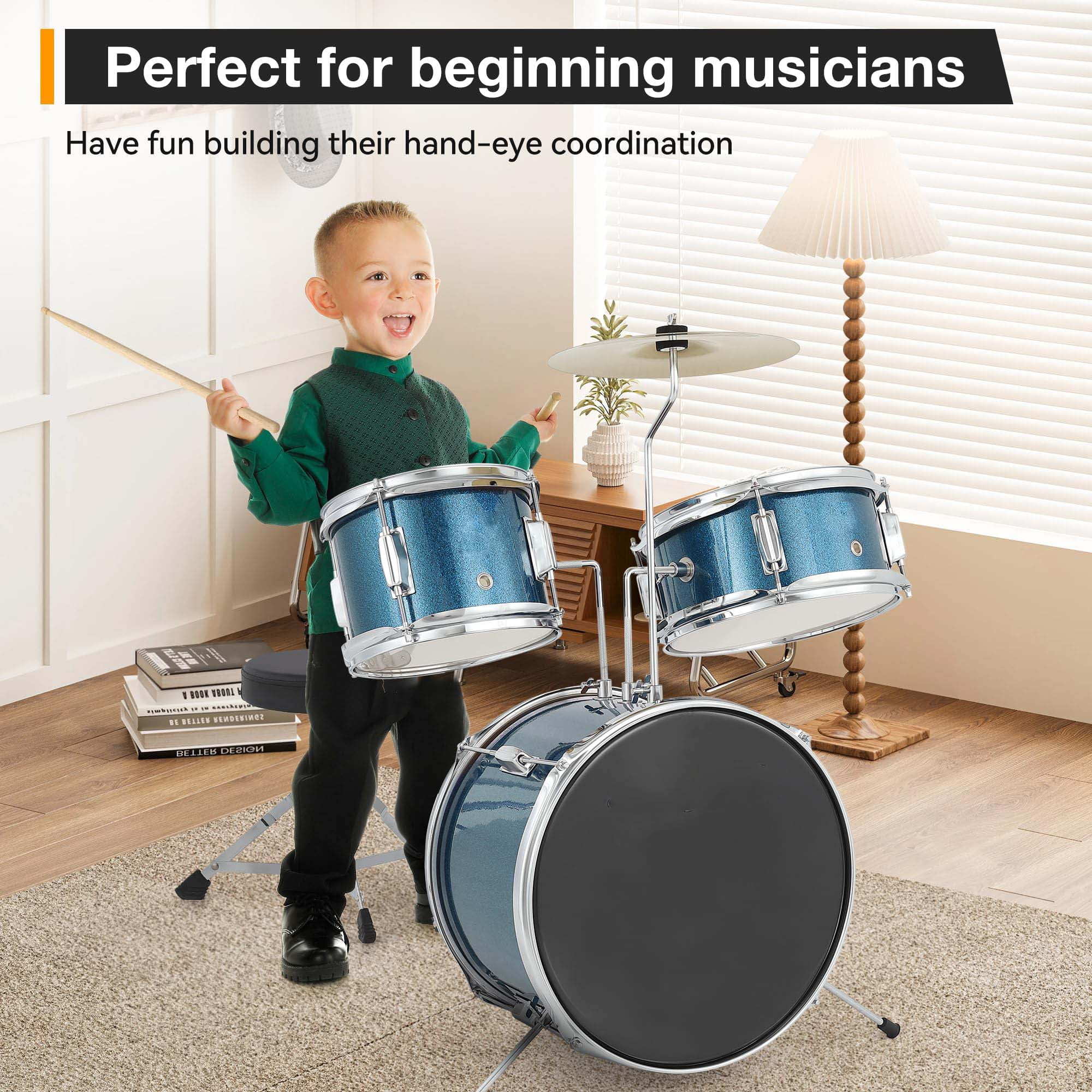 Huisuilinss Kids Drum Set For Musical Instruments,3-Piece Junior Drum Sets For Beginner,With Bass,Tom-Tom,Snare,Cymbals,Hi-Tone,Sticks,Base Pedal And Stool