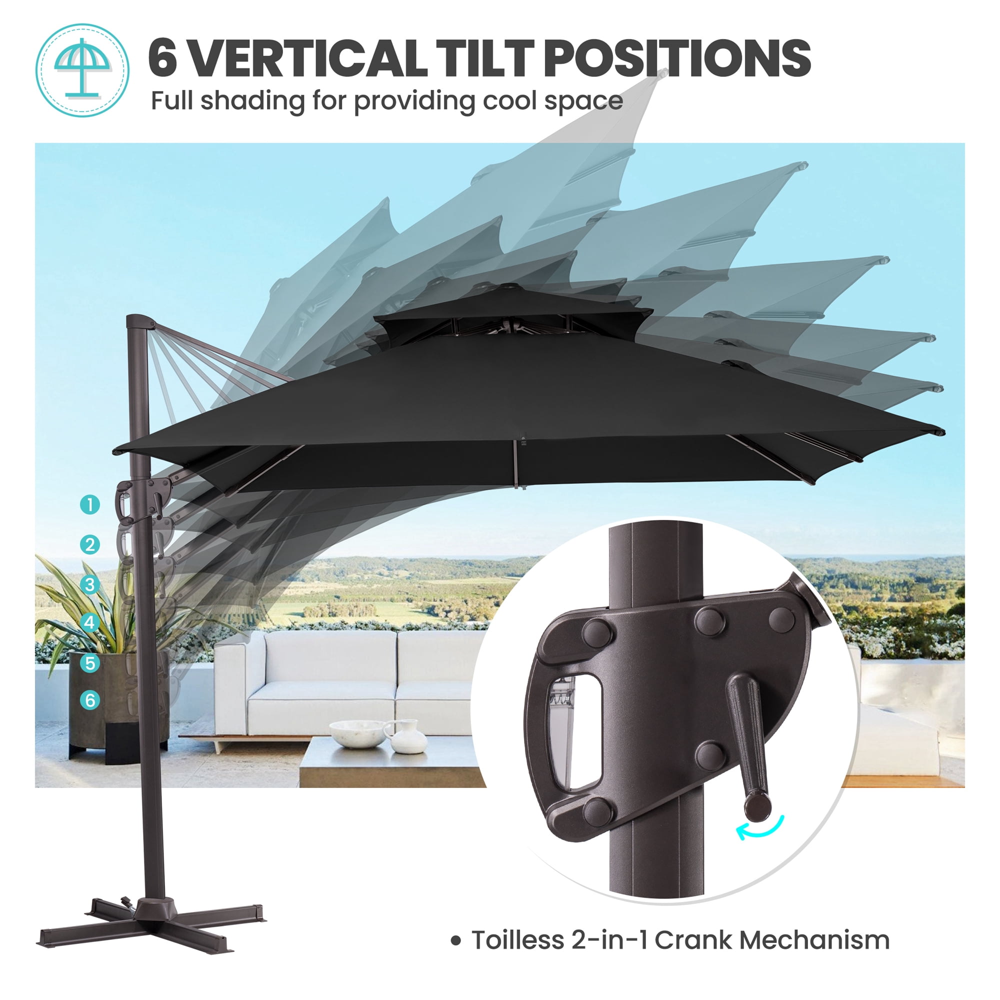 Pellebant 10 ft. x 10 ft. Square Double Top Patio Cantilever Umbrella, Black