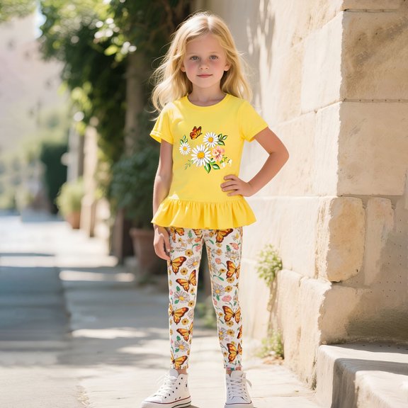 Toddler Girl Clothes 2 Piece Summer Vacation Outfits Ruffle Hem Short Sleeve T Shirts and Floral Capri Pant Yellow