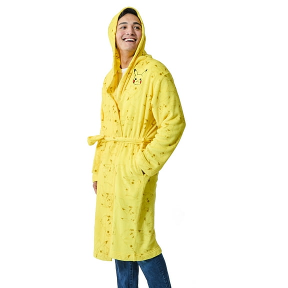 Pokemon Pikachu Character Patch Long Sleeve Yellow Men's Hooded Robe-XL