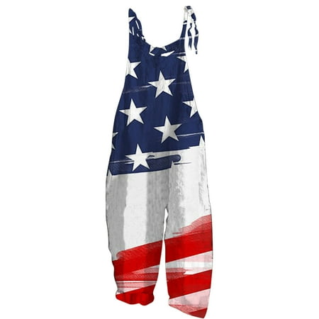

REORIAFEE 4th of July Overalls Women Independence Day Print Rompers Overalls Loose Jumpsuit Independence Day Print Vintage Double Pocket Jumpsuit With Straps Navy XL