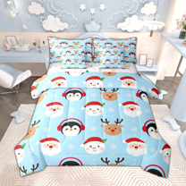 Manfei Cute Penguin Xmas Deer Bedding Comforter Set 7-Piece for Children, Santa Claus Snowman Queen Bedding Sets, Blue Merry Christmas Queen Sheet Sets, Super Cozy Room Decor